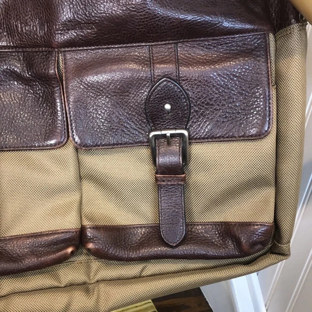 RALPH LAUREN Olive Green Canvas and Brown Leather Laptop Messenger Shoulder Bag